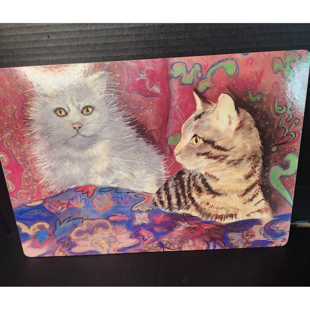 Vtg Cat Cork Backed Mat/Art White Persian & Tabby 17x11.5 Kitchy/Frame as Pic.